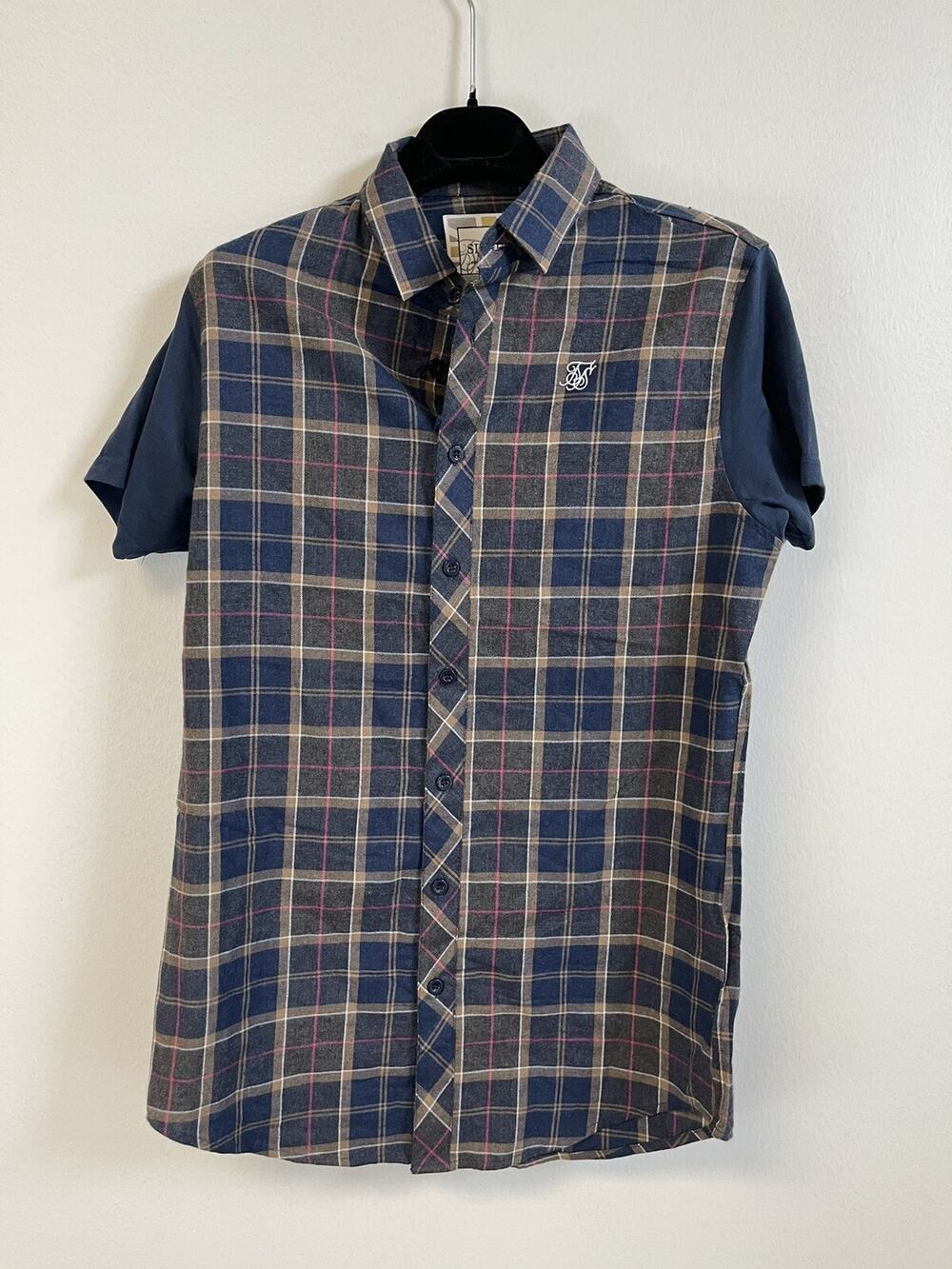 Siksilk Shirt Mens XS Blue Plaid Button Up Short Sleeve Check Sik Silk N64